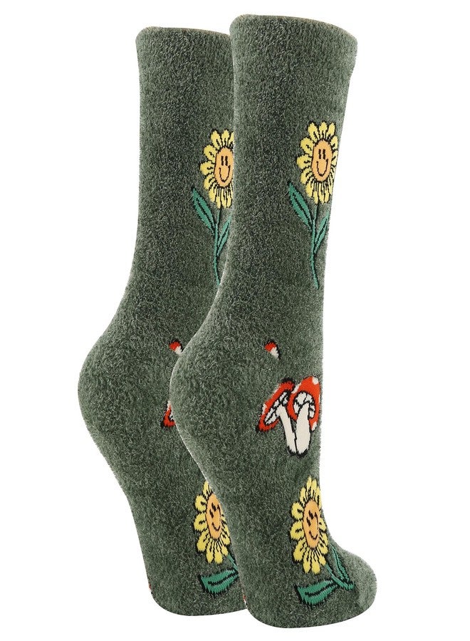 ooohyeah Funny Novelty Fuzzy Crew Socks for Women, Cozy Fluffy Warm Socks, Mushroom Fields, Size 5-10 - Image 3